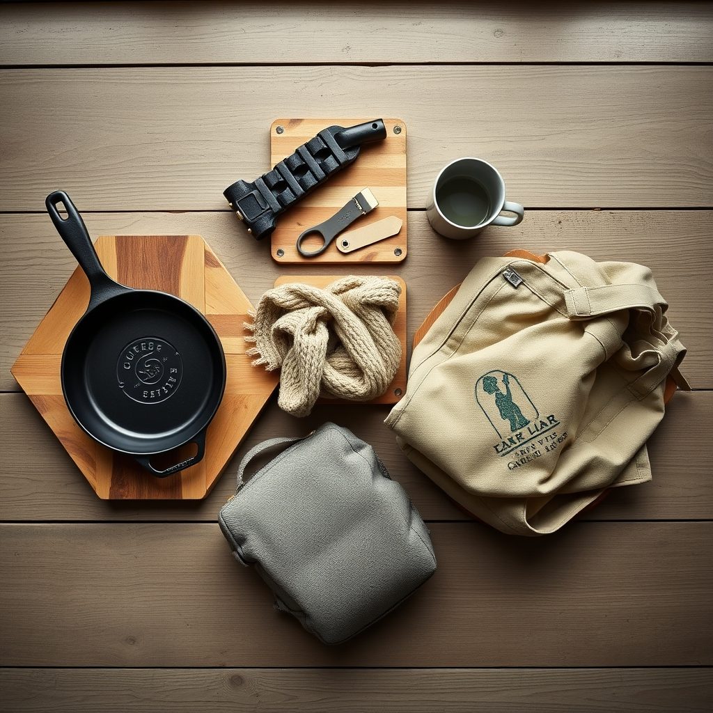 Camp skillet, enamel mug, wool blanket and waxed canvas bag laid out on pine boards